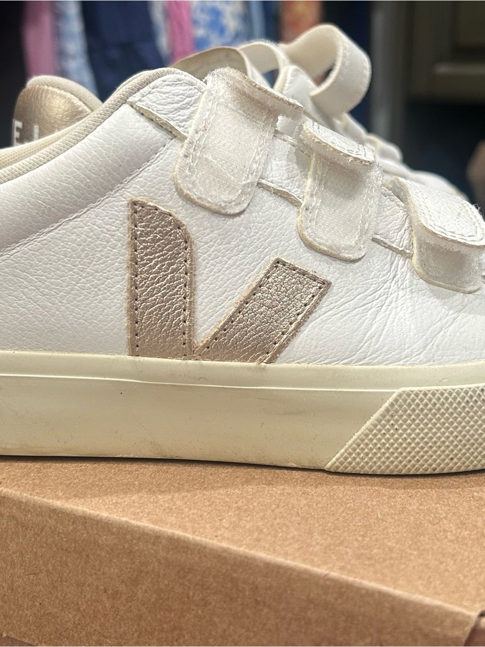 Veja Recife White Leather Velcro Sneaker with gold V